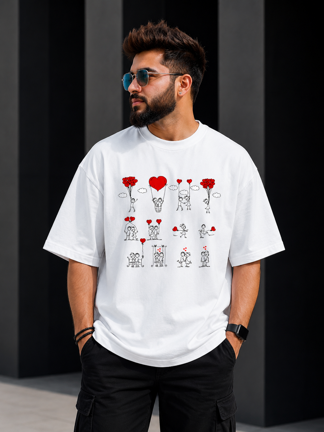 Heart Story Sketch Front Design Oversized Tee | Oversized T-Shirt Drop Shoulder Streetwear India Graphic Tee