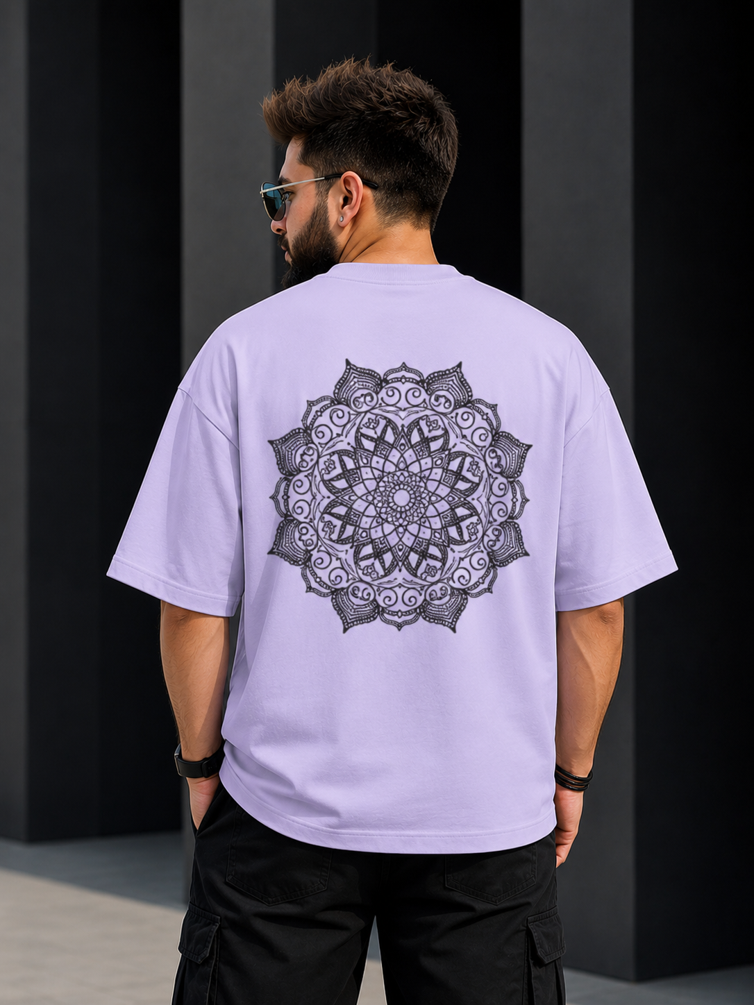 Boho Mandala Front Badge Back Design Oversized Tee | Oversized T-Shirt Drop Shoulder Streetwear India Graphic Tee