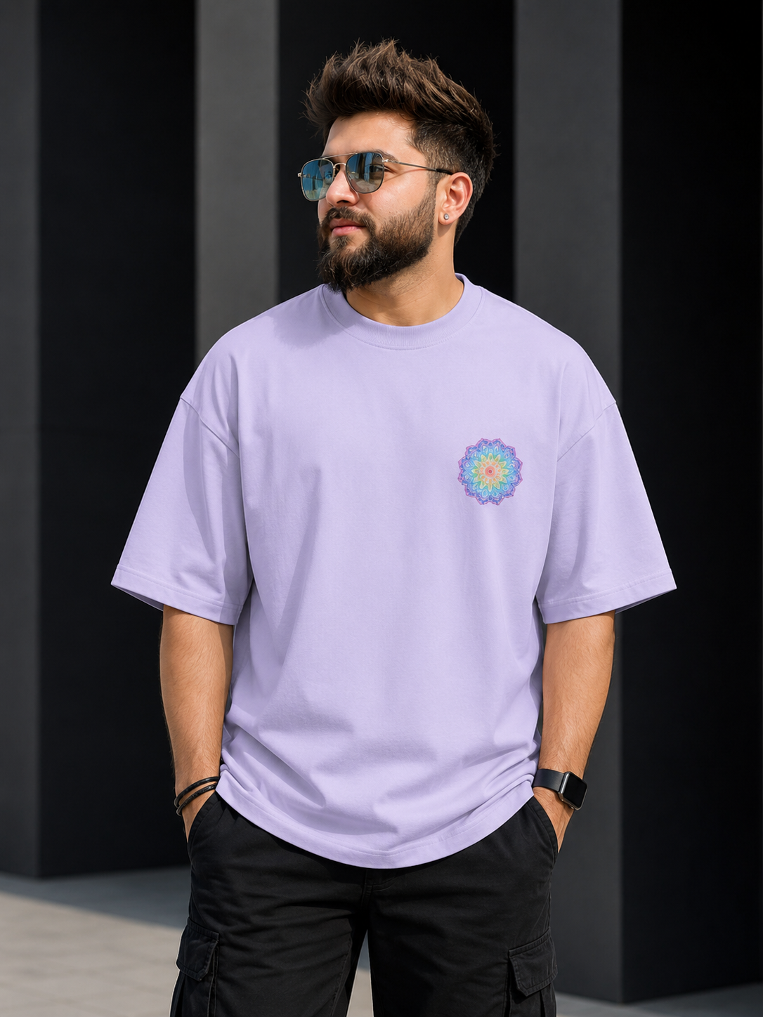 Boho Mandala Front Badge Back Design Oversized Tee | Oversized T-Shirt Drop Shoulder Streetwear India Graphic Tee