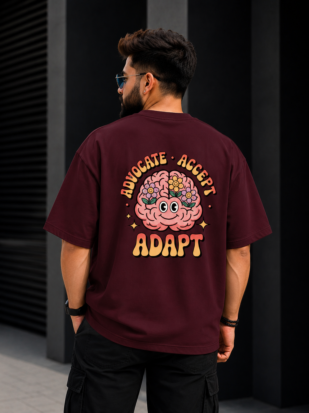 Growth Mind Front Badge Back Design Oversized Tee | Oversized T-Shirt Drop Shoulder Streetwear India Graphic Tee