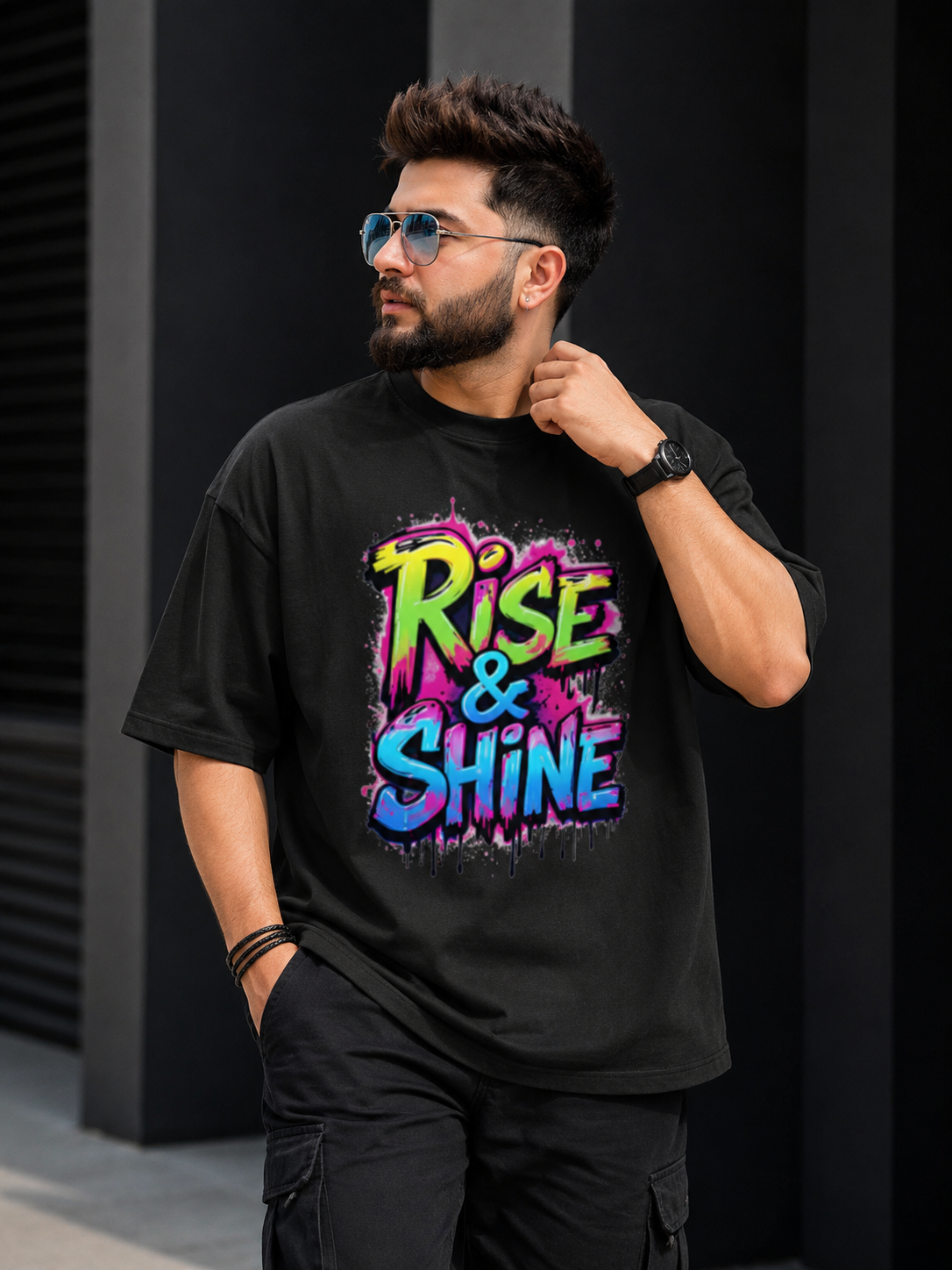 Rise & Shine Urban Print Oversized Tee | Oversized T-Shirt Drop Shoulder Streetwear India Graphic Tee